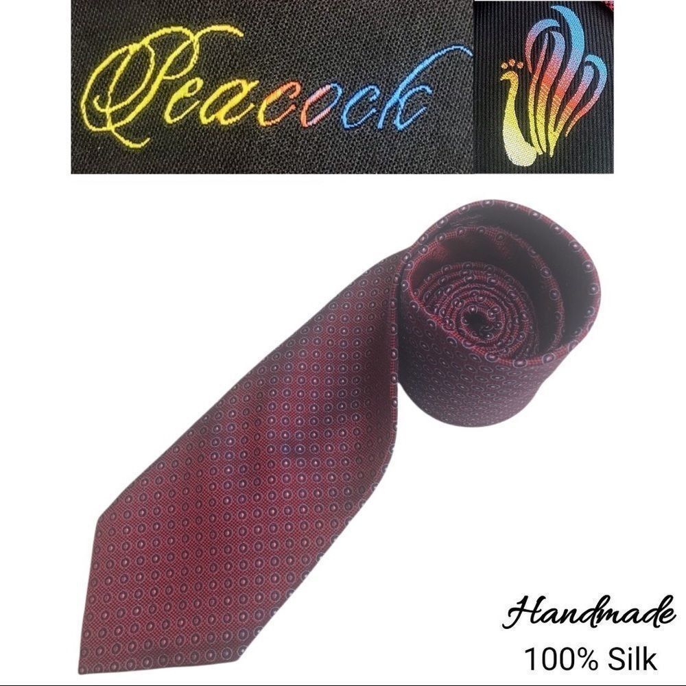 Peacock Brand 100% Silk Handmade Tie. Magenta color, polka dot woven pattern